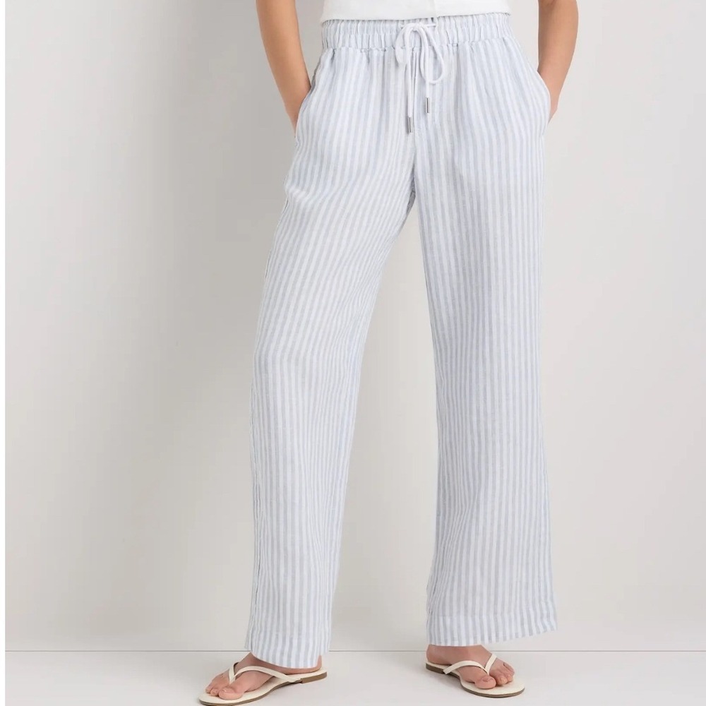 Quince 100% European Linen Wide Leg Pants Sky Blue Mariner Stripe Size M